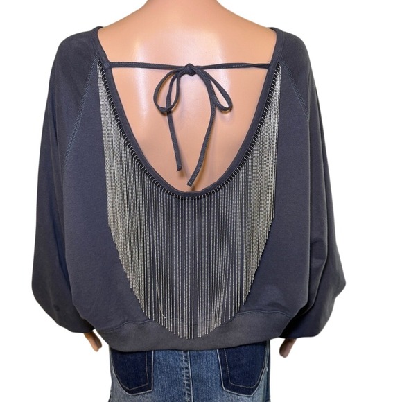 Peach Love California Tops - Peach Love California Oversized Deep V‎ Open Back Sweatshirt with Chain Detail